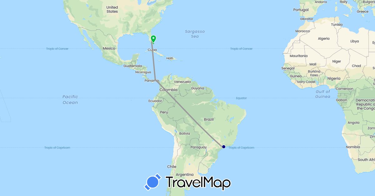 TravelMap itinerary: driving, bus, plane in Brazil, Panama, United States (North America, South America)